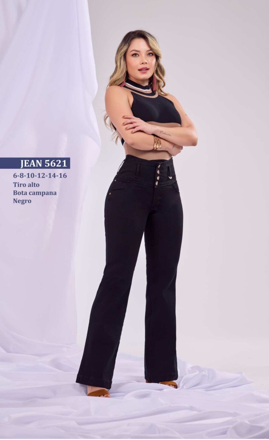 Jean bota campana push up para mujer elegante con tiro alto